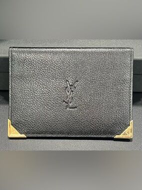 Yves Saint Laurent Black Textured Leather Card Holder Case with Gold Logo